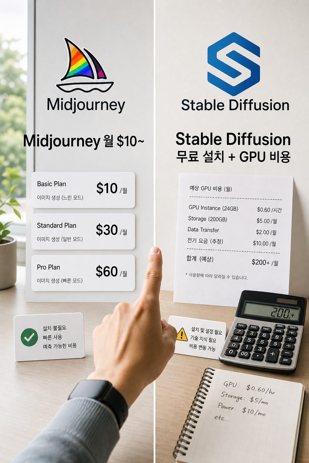 Midjourney Stable Diffusion 비용 비교: 2026년 월 구독료와 실제 운영비