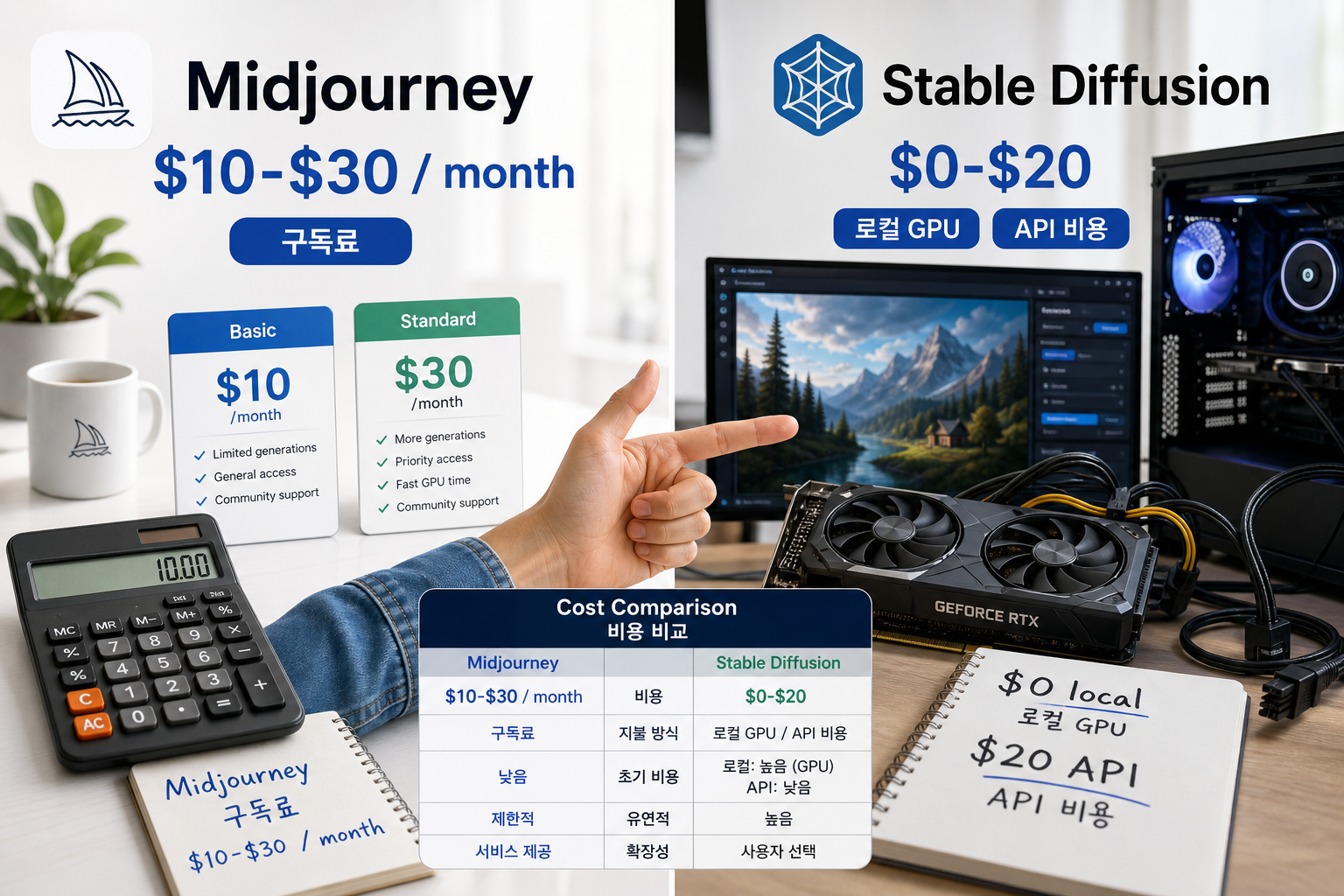 Midjourney Stable Diffusion 비용 비교: 2026년 월 구독과 실사용 기준